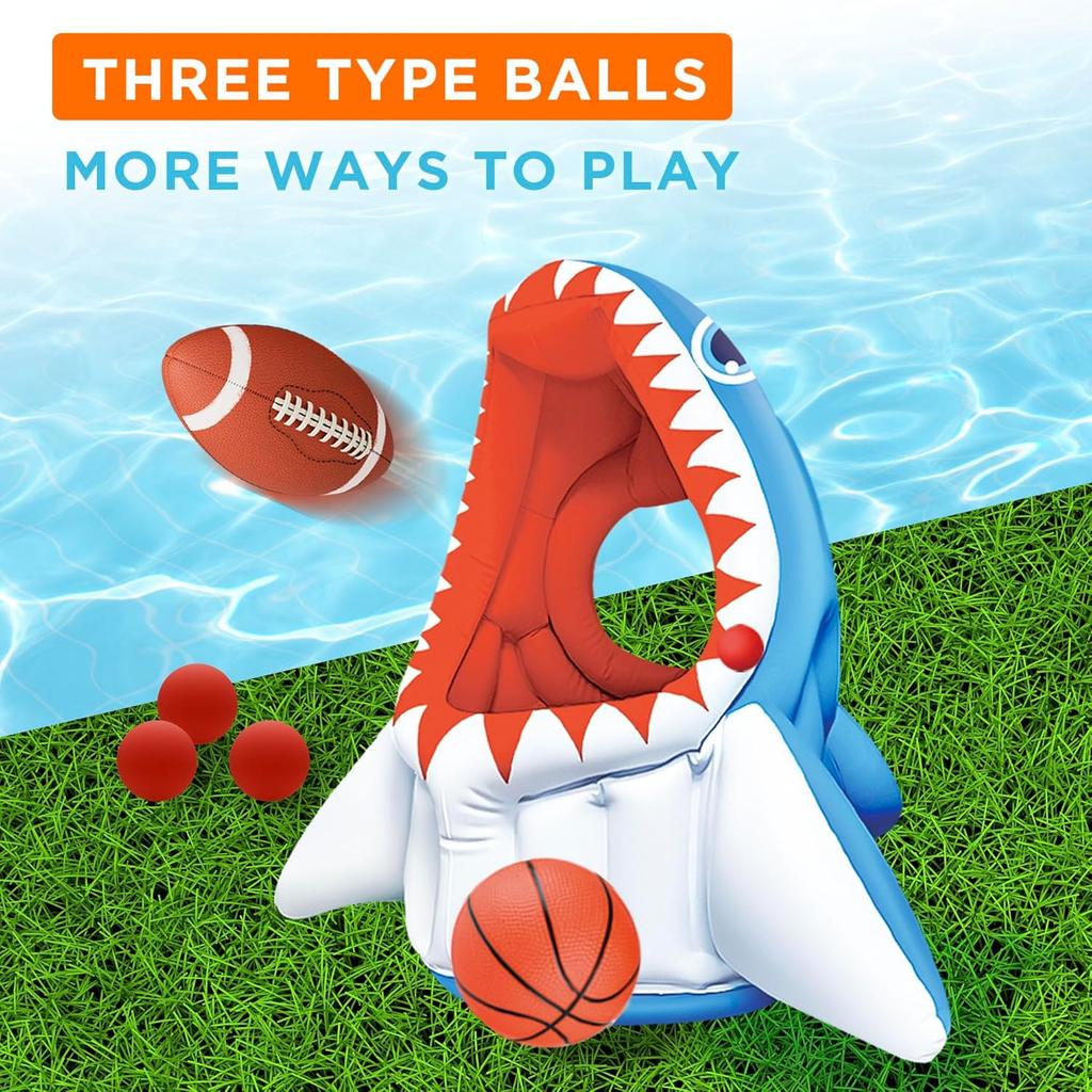 iPlay, iLearn Pool Wave Kids Shark Pool Toy, 3-in-1 Inflatable Float Water Game Basketball Football Head Hoop Toss, Toddler Outdoor Summer Swimming