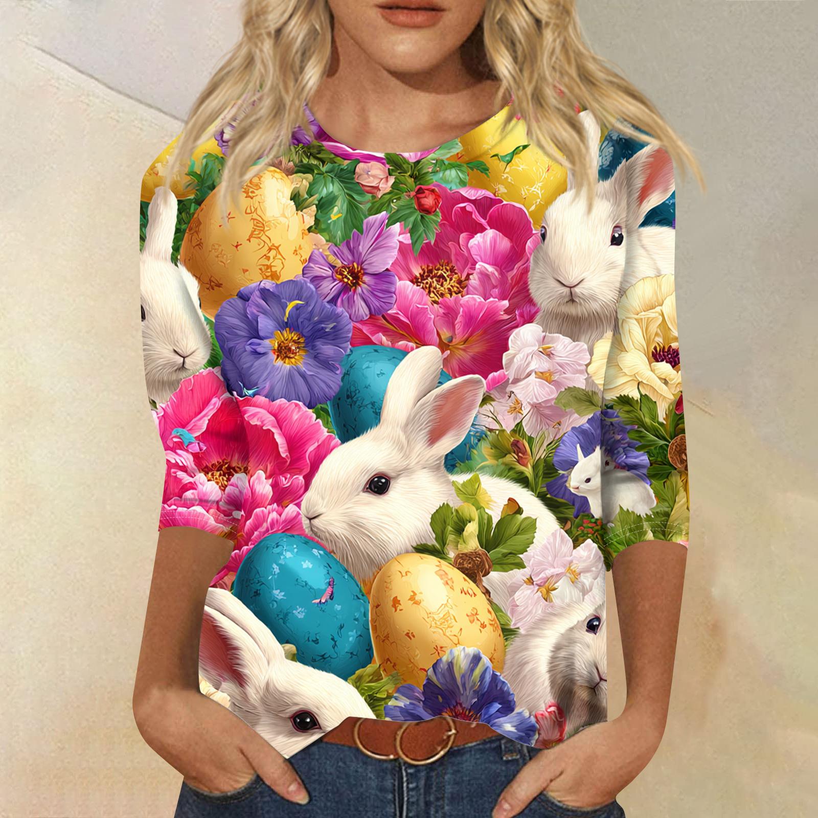 

Women s Fashionable Casual Round Neck Three-Quarter Sleeve Easter Print T-Shirt Top M