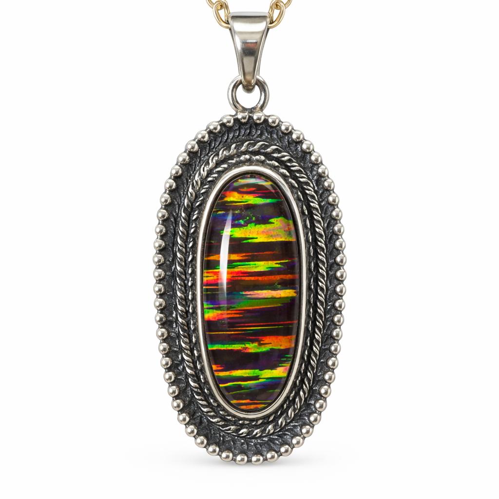 Natural Opal Necklace Fire 43 ct Multicolor 925 Sterling Silver October Birthday Birthstone