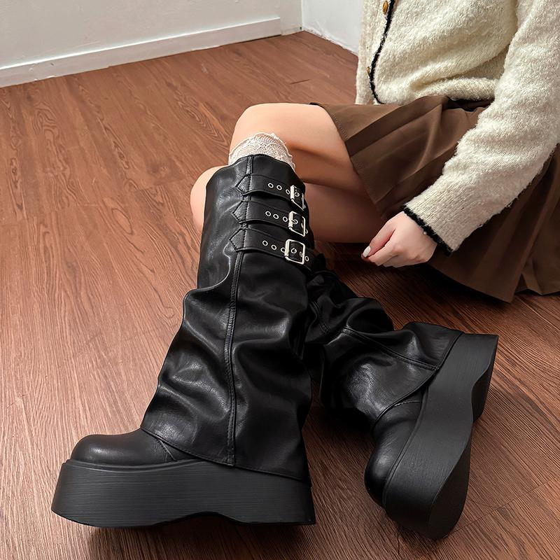 Winter Punk Style Pleated Splicing Women Knee High Boots Fashion Platform Thick Heels Long Booties  De Mujer