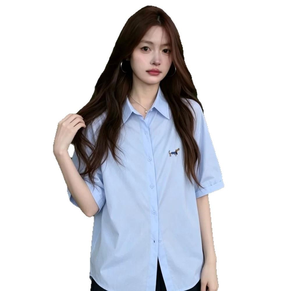 Retro Puppy Embroidered White Short-sleeved Shirt Women's Spring Summer New Loose and Thin Lapel Versatile Casual Shirt