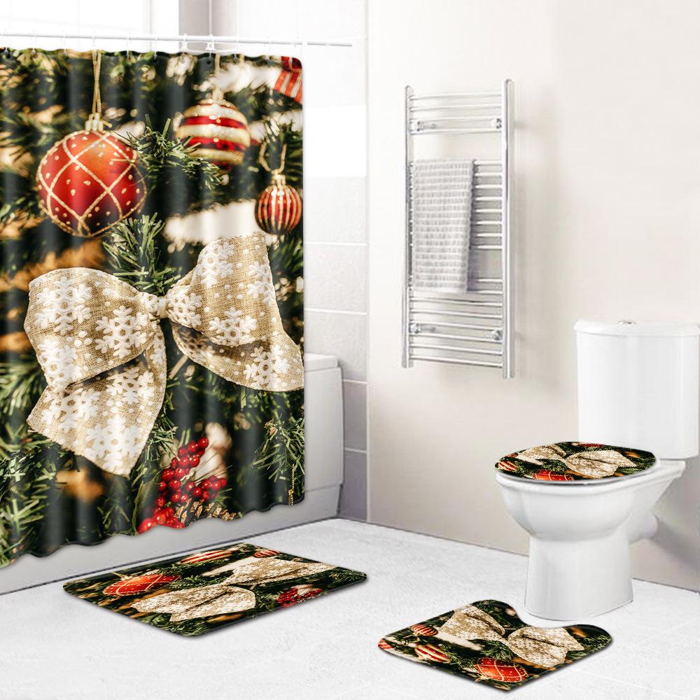 Christmas Shower Curtain Floor Mat Combination Four-Piece Set Bathroom Toilet Carpet Shower Room Mat Foot Mat