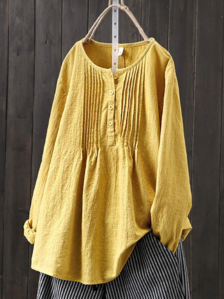 2025 Korean Style Loose Pleated Long-Sleeve Retro Cotton Linen Shirt for Women