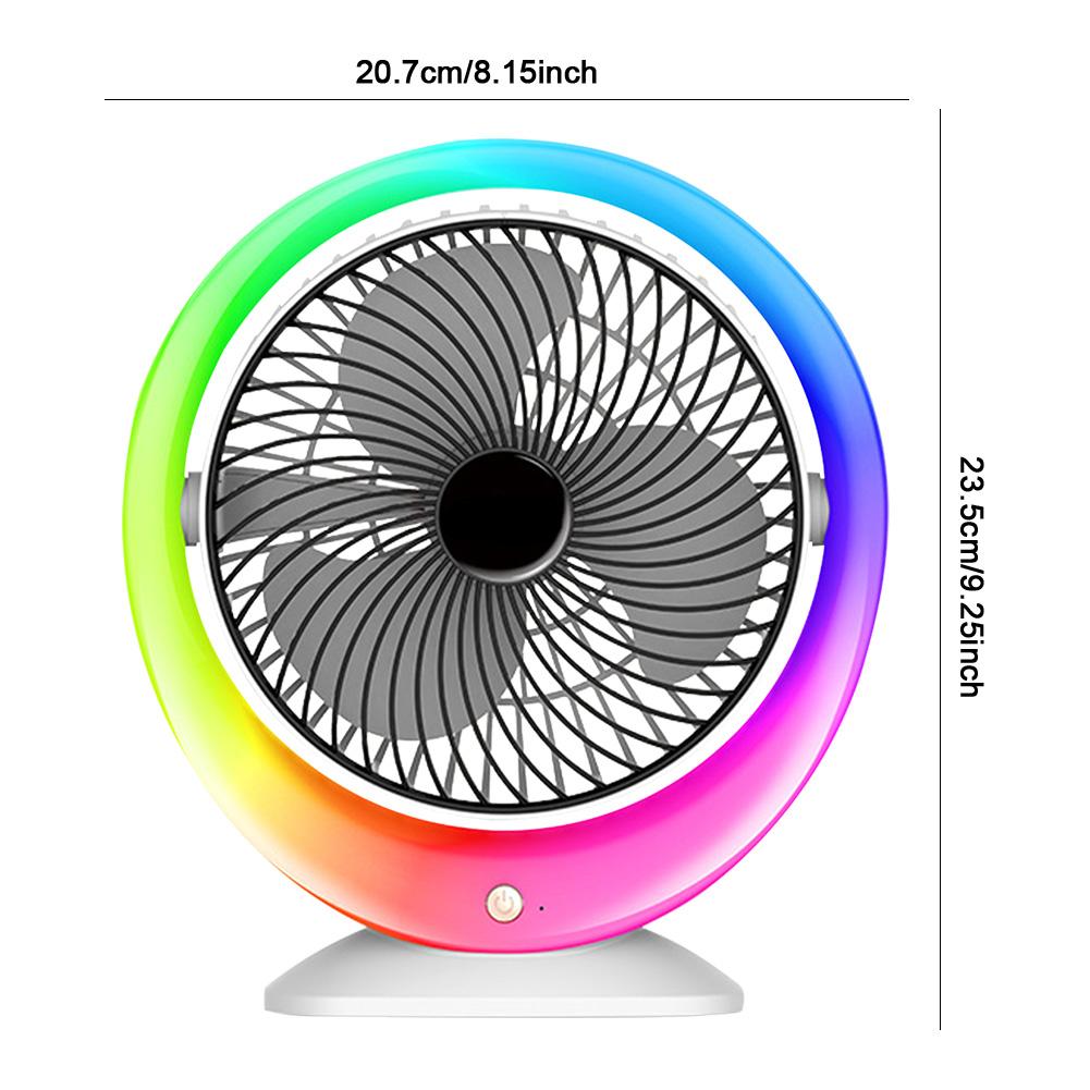 Air Circulator Fan USB Rechargeable Low Noise Small Cooling Fan with Colorful Light 3 Speeds 1200mAh for Living Room Dorm Office