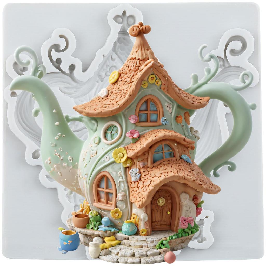 Fairy Garden House Silicone Mold Teapot House Fondant Molds Cake Decorating Tools Theme Cake Dessert Decorated Chocolate Candy Mold