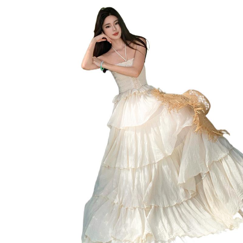 French Beautiful Seaside Vacation Neck Sling Dress Fairy Summer Birthday Engagement Evening Dress Beach Dress