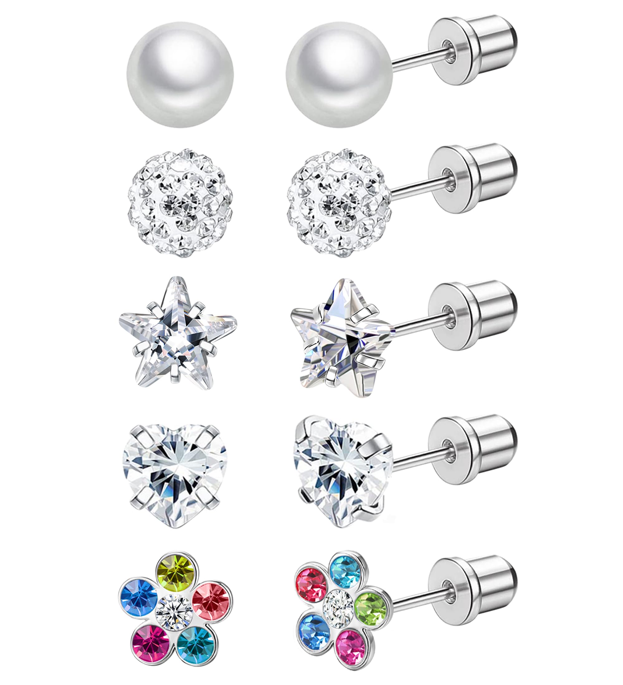 

5 Pairs Screw Back Earrings Studs for Women Gril Hypoallergenic ScrewBack Earrings for Sensitive Ears Pearl Heart Star Flower CZ