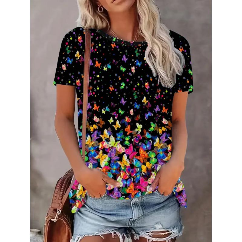Elegant directional women s round neck 3D butterfly printed short sleeved T-shirt slim fit women s printed top S