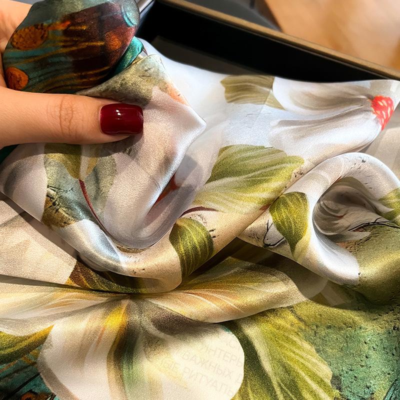 100% Real Silk Satin Women Scarf Flower Printed Foulard Femme Square Scarfs Bandana Shawl Gift Lady Hijab Scarves New Arrival