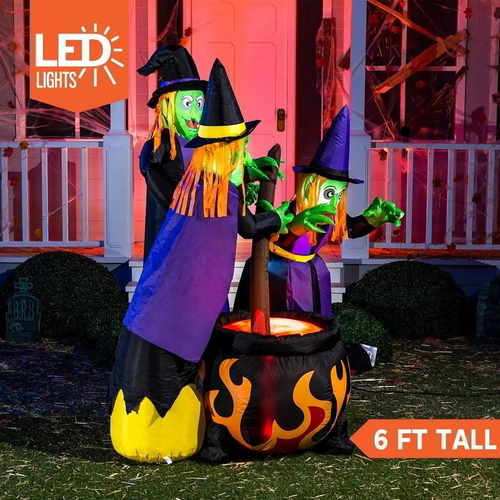 6 Ft Spooky Holiday Inflatable Witches Outdoor Cauldron Pot Big Decorations Featuring Flame Light Designed for Spooky Holiday Decoration