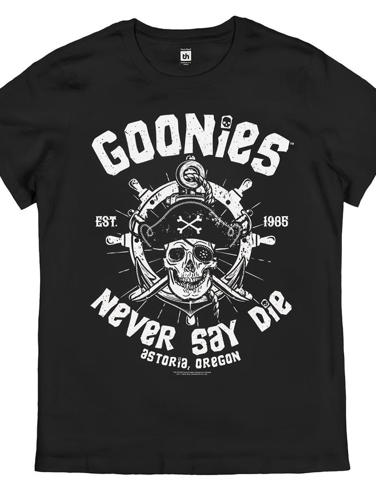 Unisexs Goonies Never Say Die Retro TShirt Officially Inspired s Movie Logo Iconic Skull Crossbones Pirate Design