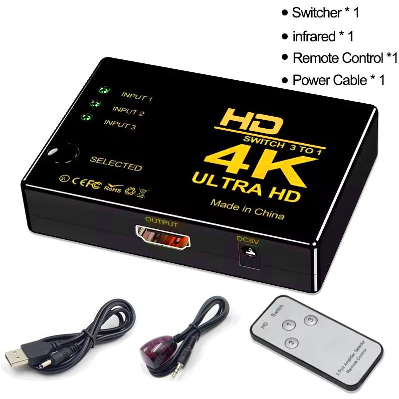 4K HDMI-compatibele switch met IR-afstandsbediening, 3 ingangen en 1 uitgang, HDMI-compatibele KVM-switcher/hub-adapter voor Xbox, PS4, dvd-speler en HDTV.
