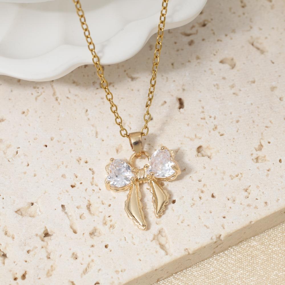 Cute Zirconia Heart Bow Pendant Necklace Jewelry for Women