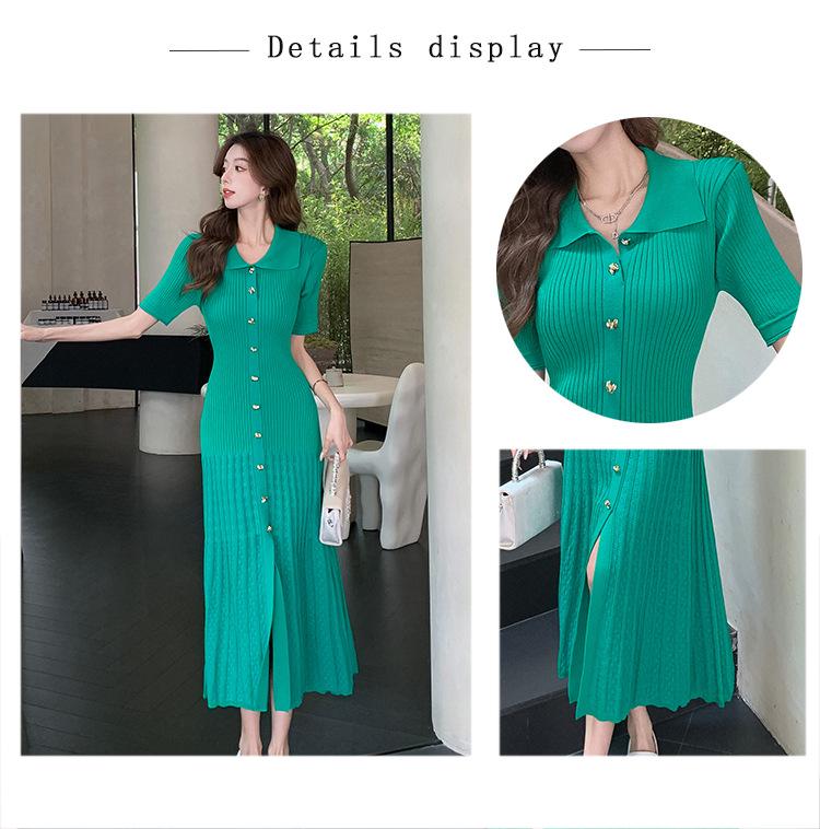 2026 Summer Korean Style Women's Polo Collar Short Sleeve Wool Knit Dress, Waist-Cinching, Slimming Long Dress.