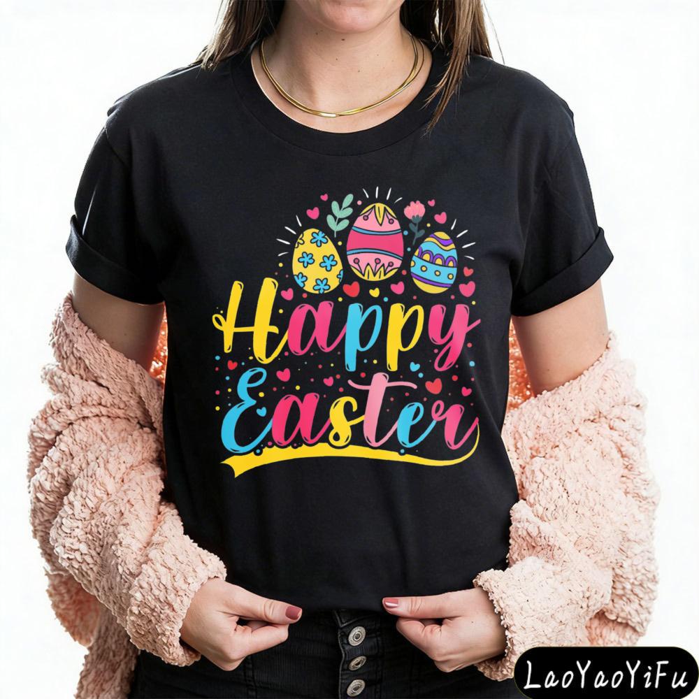 Easter Vibes Shirt Colorful Bunny and Floral Egg Design T Shirt Women Tops Ropa Mujer Tees Short Sleeve Summer Clothes