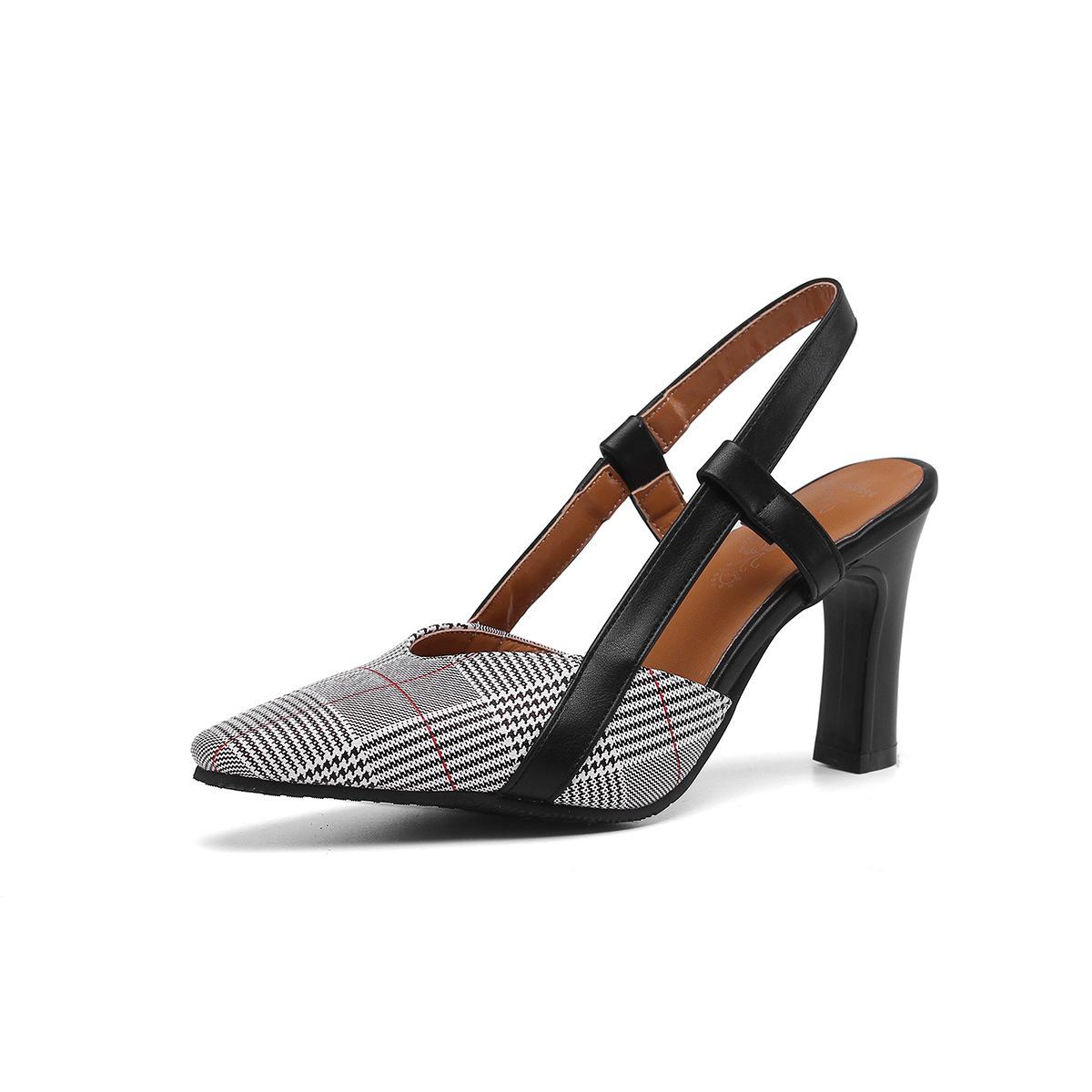 

2019 новые модные элегантные женские босоножки в клетку корейской версии с острым носком и толстым каблуком 46 чёрный