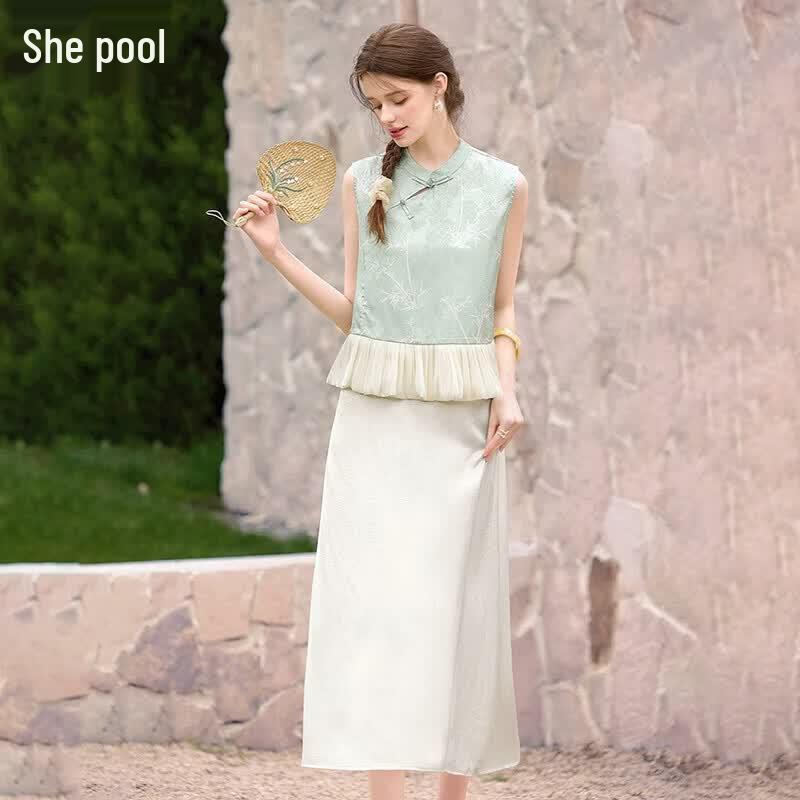 Elegant Chinese Style Sleeveless Top & Strap Dress Set L