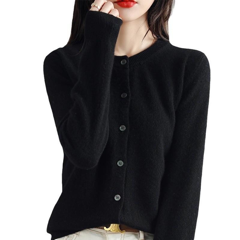 Round Neck Solid Color Knitted Cardigan for Women In Autumn and Winter New Loose Versatile Sweater Jacket High Quality Yarn Long-sleeved Top