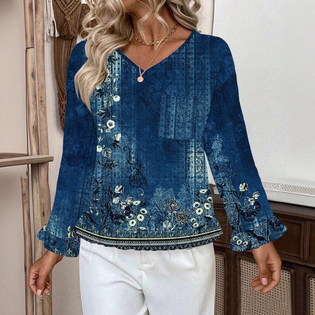 Dámský ležérní módní top s volánky, výstřihem do V, potiskem a dlouhým rukávem