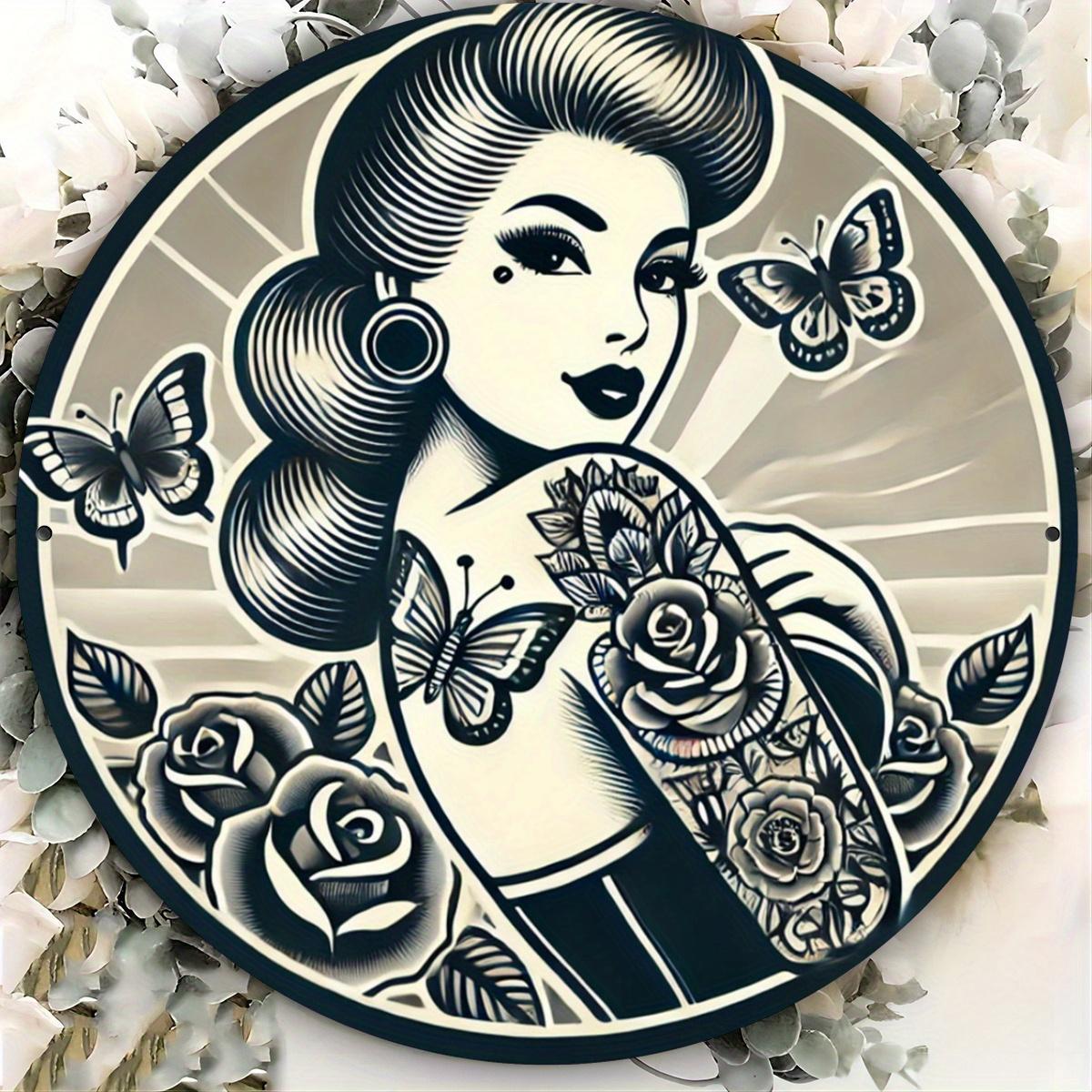 D Flat Retro Tattooed PinUp Girl with Roses Butterflies Retro Round Metal Tin Sign Vintage Tattoo Parlor Themed Wall Dec 20x20cm(8x8inch)
