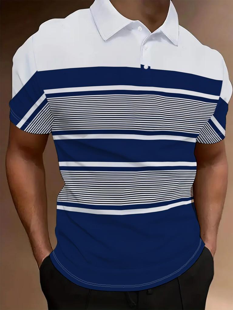 Men'S Casual Short Sleeve Shirt | Print Design with Two Grey Stripes on Deep Blue Background, Button Collar, Machine Washable, Perfect for Beach and