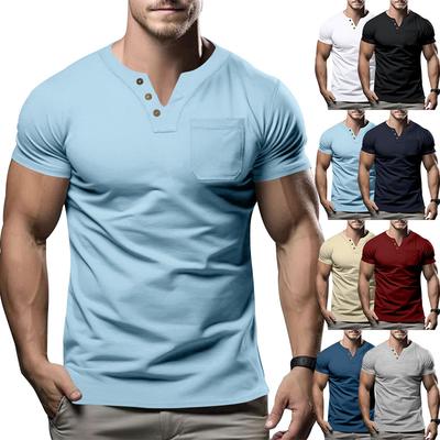 Cross-border Summer Casual T-shirt Men's Fashion Trend Sports Slim Fit Solid Color V-neck Pocket Men's Half-sleeve Top Men's