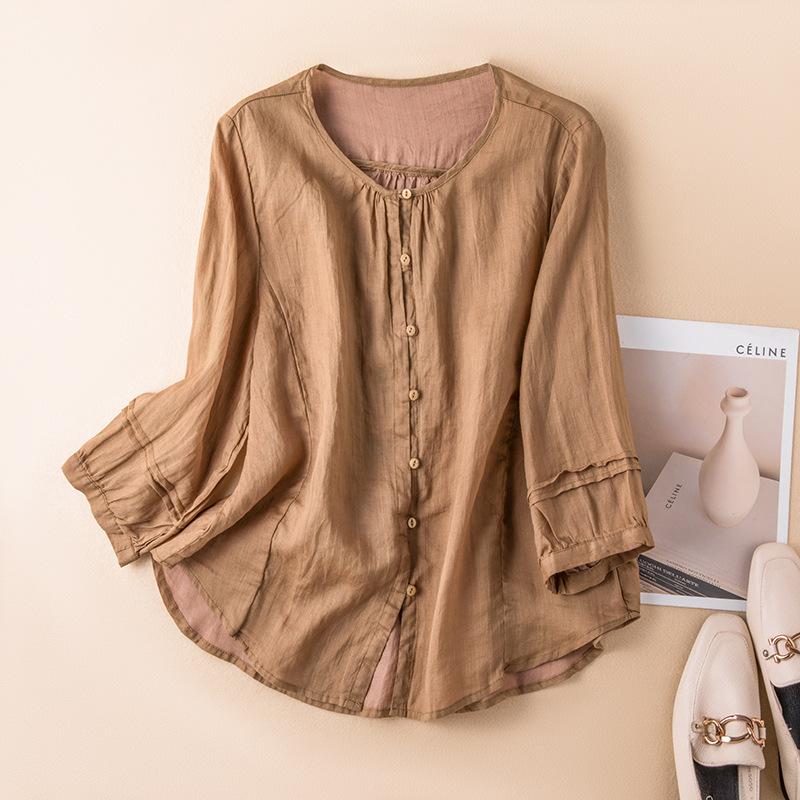 Spring Round Neck Ramie Loose Fitting Shirt Artistic Retro Versatile Casual Thin Top for Women Shirt