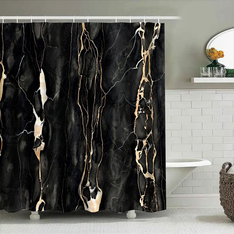 Black Marble Shower Curtain with Golden Veins Decorative Waterproof Bath Mat for Home Bathroom Size Customizable
