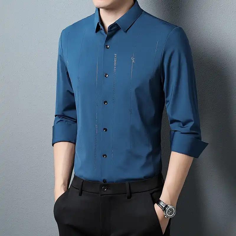 Men's Light Blue Long Sleeve Shirt Slim Fit Casual Business Button-Down Shirt with Minimalist Embroidery