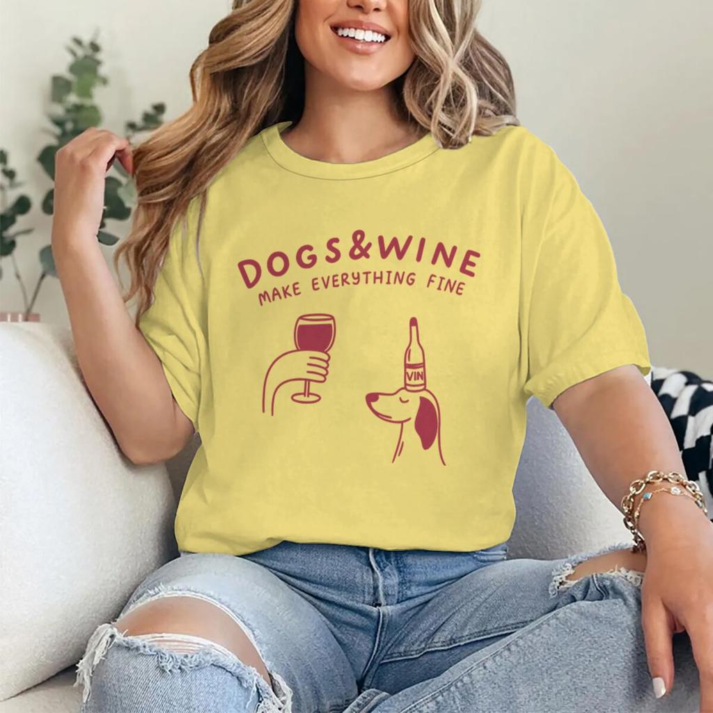 Hunde Und Wein Machen Alles Gut Lustige Vintage Grafik T-Shirts Tier Shirt Mode Hundemama T-Shirts Geschenke Damen Y2K Oberteile