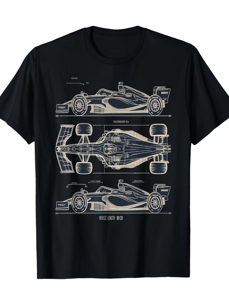 Men'S Formula Racing Car Graphic Tee Black White Print Casual Crew Neck Ideal for Motorsport Fans Outdoor Activities Casual