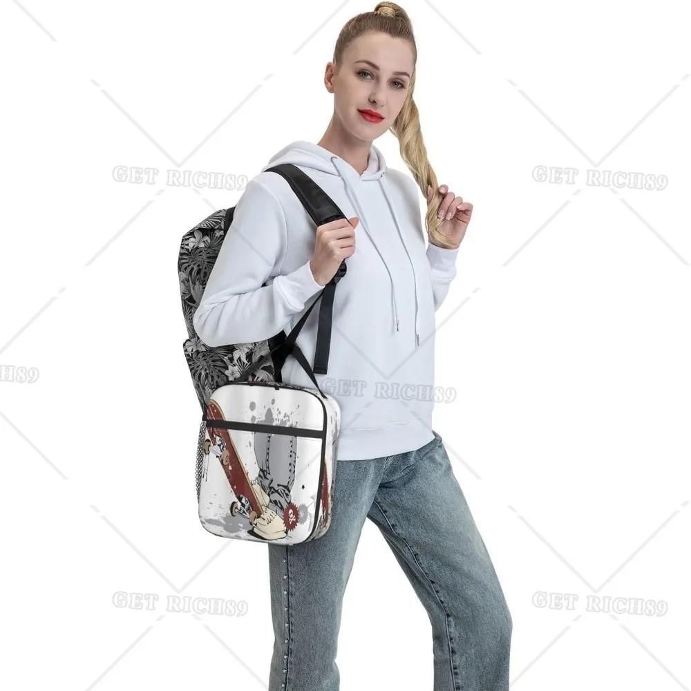 Skateboard cu picioare de băiat în adidași și blugi izolate geantă de prânz portabilă pentru femei/bărbați birou muncă școală picnic plajă