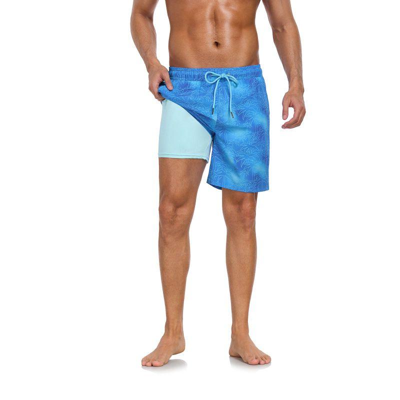 Men's Double-Layer Printed Beach Shorts Drawstring Swim Trunks