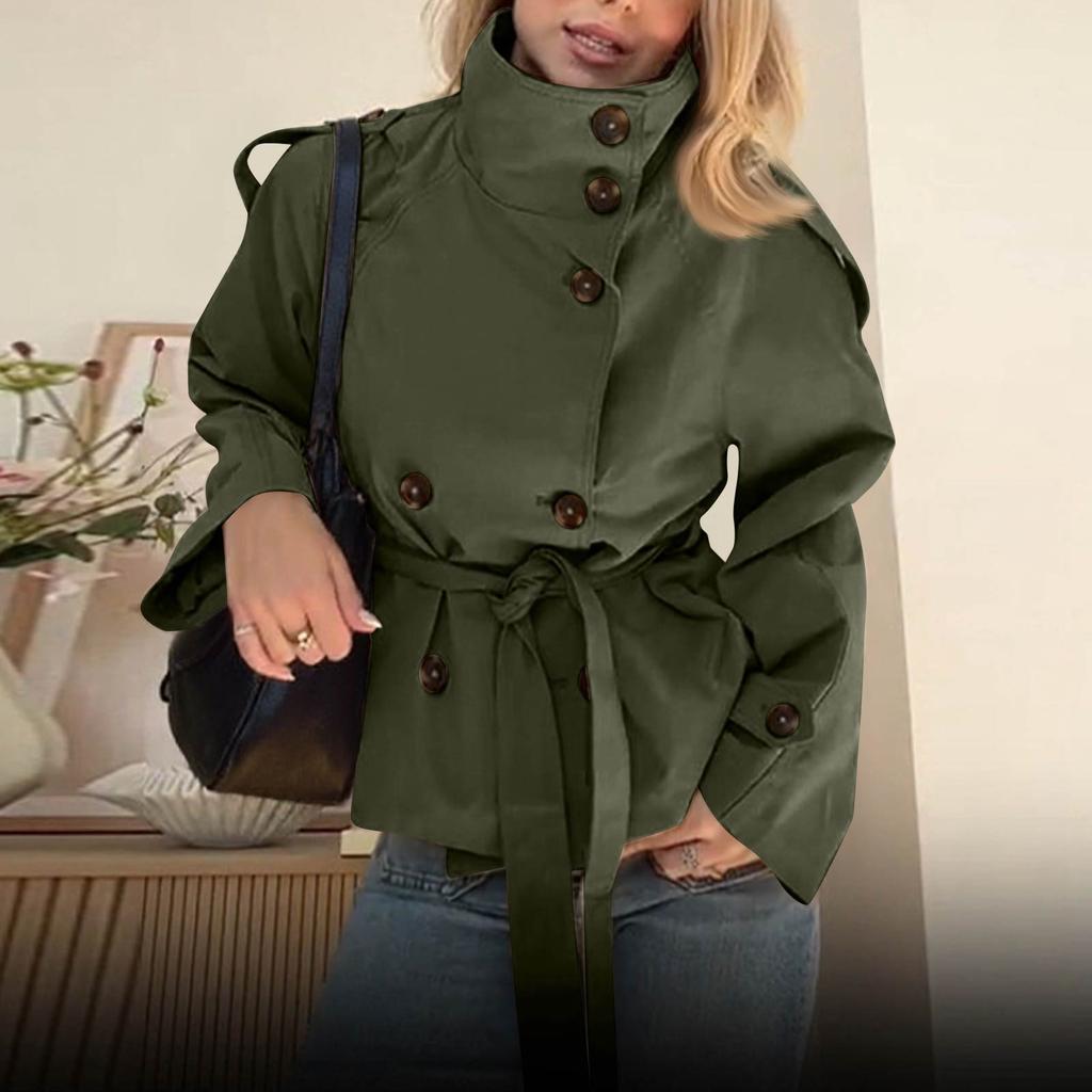 Women's Fashion Stand Collar Double-Breasted Waist-Defining Belted Short Trench Coat