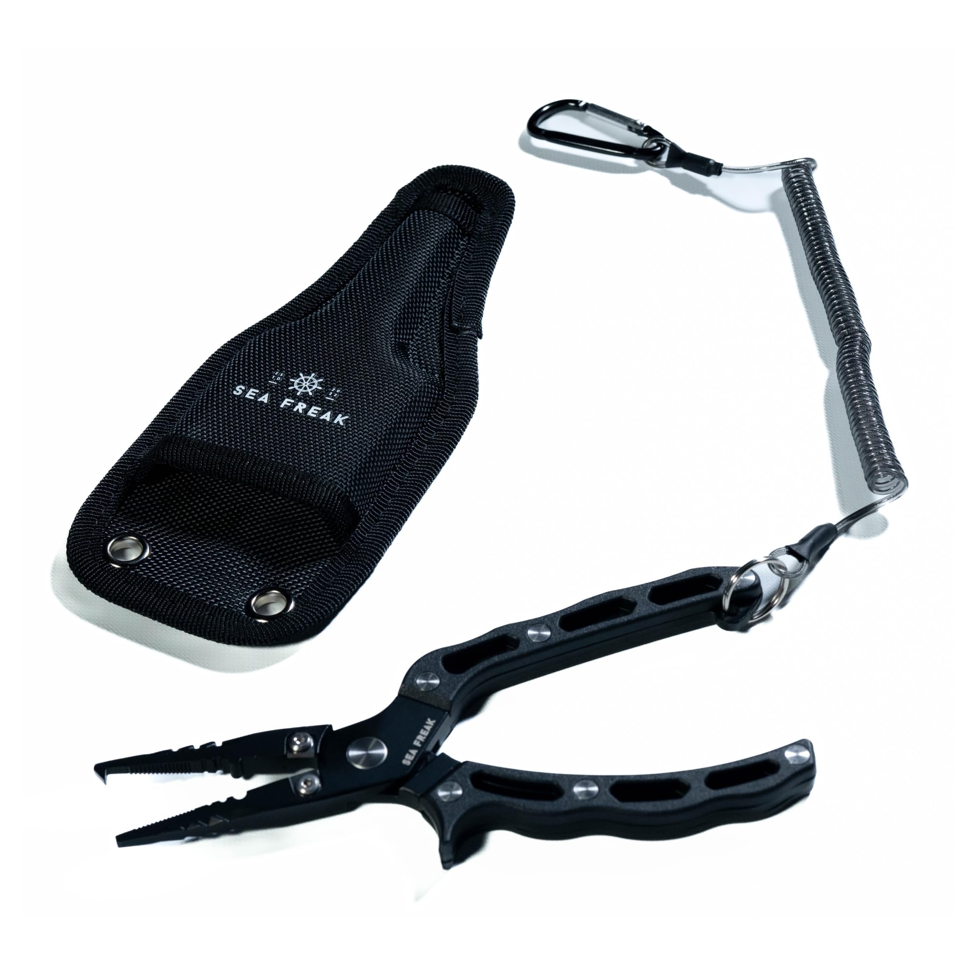 

Multi-functional Fishing Pliers with Tungsten Blades, Stainless Steel, PE Line, Split Rings, Rust-Resistant Case, and Strap, Black