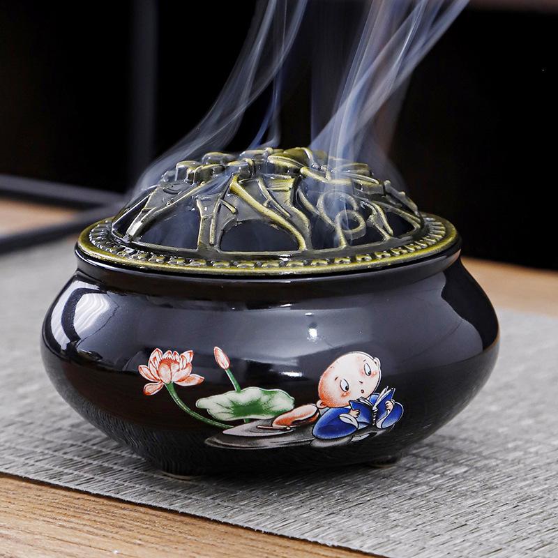1 pcs Landscape Meditation Lotus Theme Celadon Ceramic Incense Burner Home Furnishings Sandalwood Incense Burner