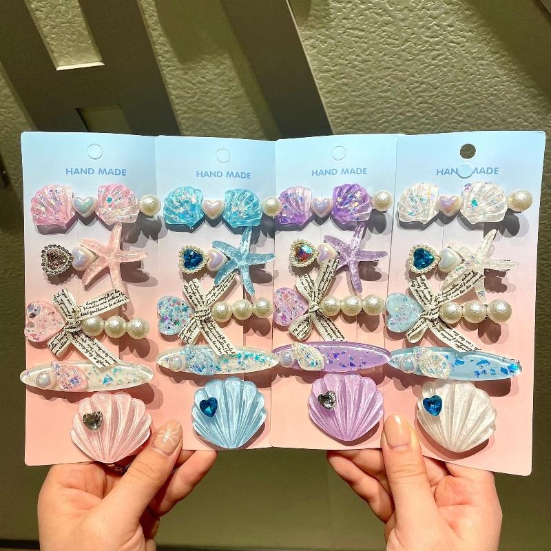 5pcs/Set Baby Girls Ocean Series Shell Starfish Hair Clips Pearl Pink Hairpins Purple Princess Headdress Hair Accessories