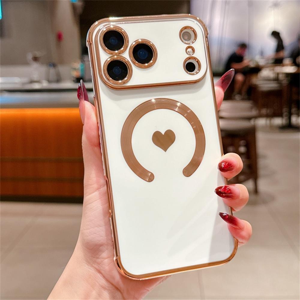 For iPhone 17 Pro Max Magnetic Case Electroplating Soft TPU Cover with Cute Love Heart