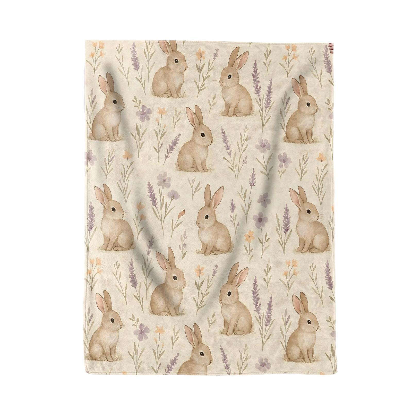 130*150cm Easter Flannel Bunny And Flower Digital Print Blanket, Bed Blanket, Small Dispenser
