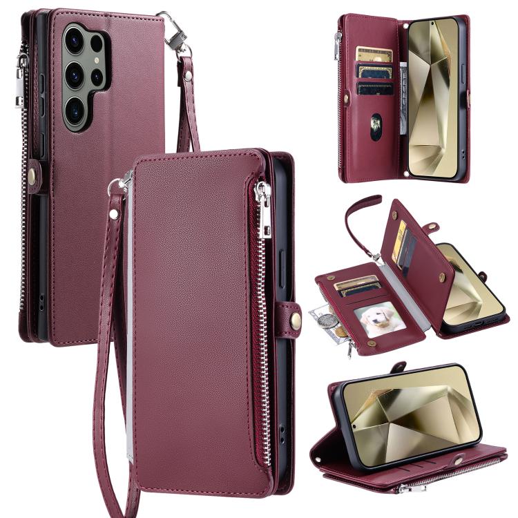 Leather Stitching Multi-card Slot Zipper Phone Case For Samsung Galaxy S26 Ultra 5G красный