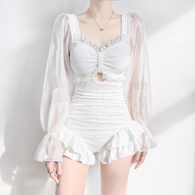 Summer White Pure Lace Long Sleeve Conservative Sunscreen Anti-light Seaside Vacation Muse Explosive One-piece Swimsuit