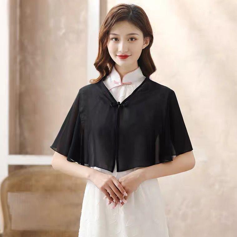 Women's Summer Chiffon Cheongsam Cardigan with Matching Skirt and Shawl – Loose, Plus Size Sunscreen Cape