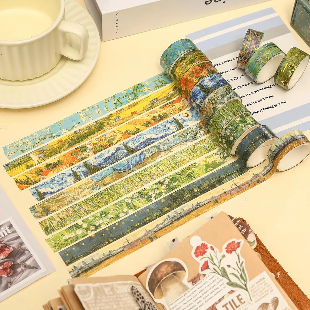 20 Rolls Vintage Gold Foil Washi Tape Set, Oil Painting Style Scrapbooking Paper, Stationery, DIY Gift Decoration Craft Supplies