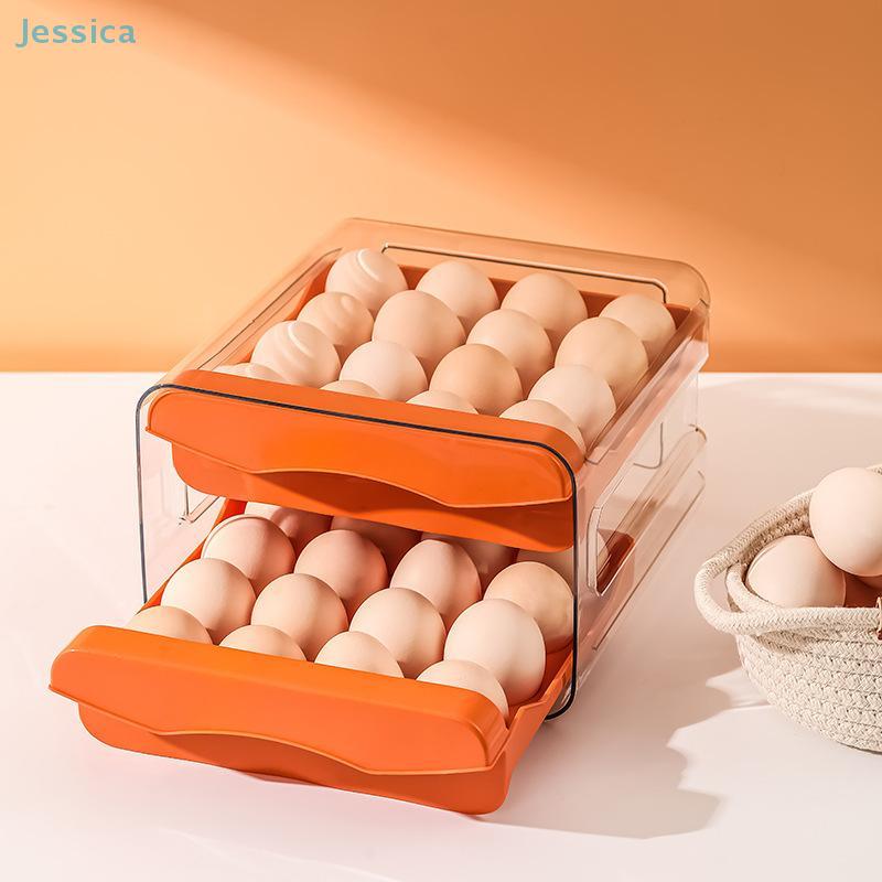 Automatic Rolling Egg Rack Double-Layer Drawer Refrigerator Organizer Plastic Egg Storage Box
