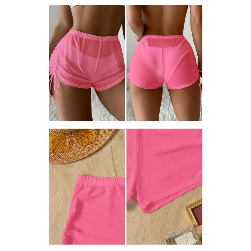 Women S Solid Color Sheer Mesh Drawstring Beach Bikini Shorts