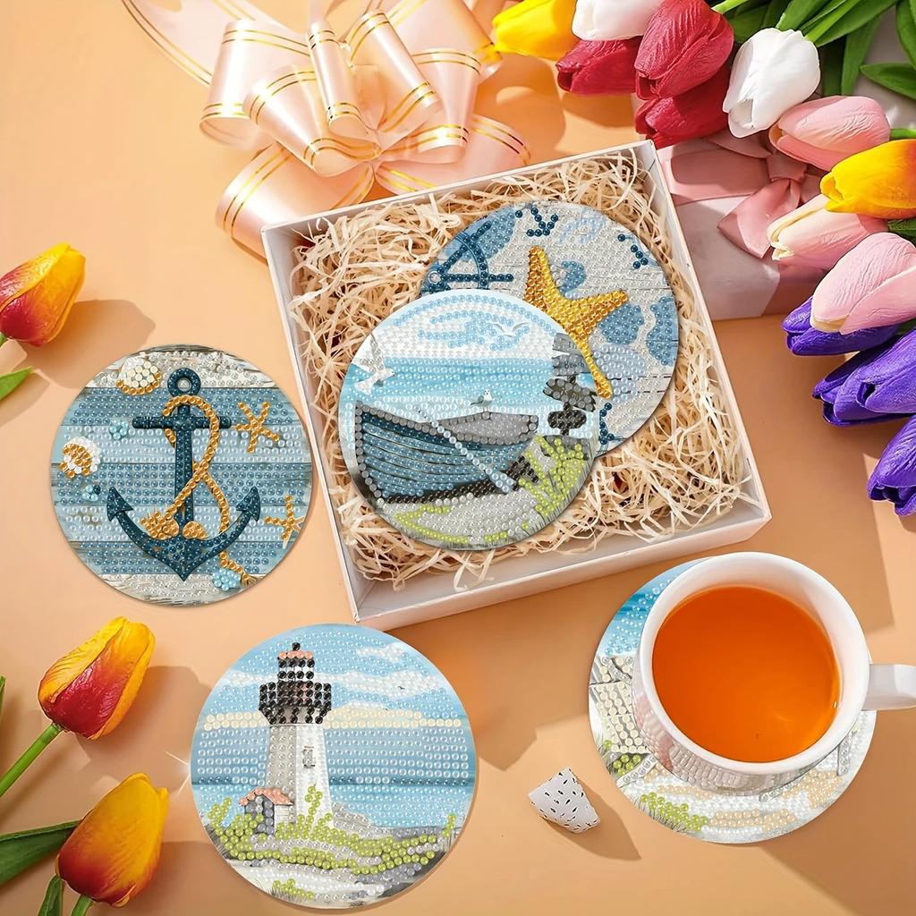 8 Stück/Set Diamantbemalte Untersetzer mit Ozeanmuster, DIY Untersetzer mit Halter, Geeignet für Anfänger und Erwachsene, Kunst- und Bastelbedarf Geschenke