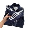 Unisex Dark Blue Three-Stripe Stand Collar Hoodie Jacket for Autumn/Spring