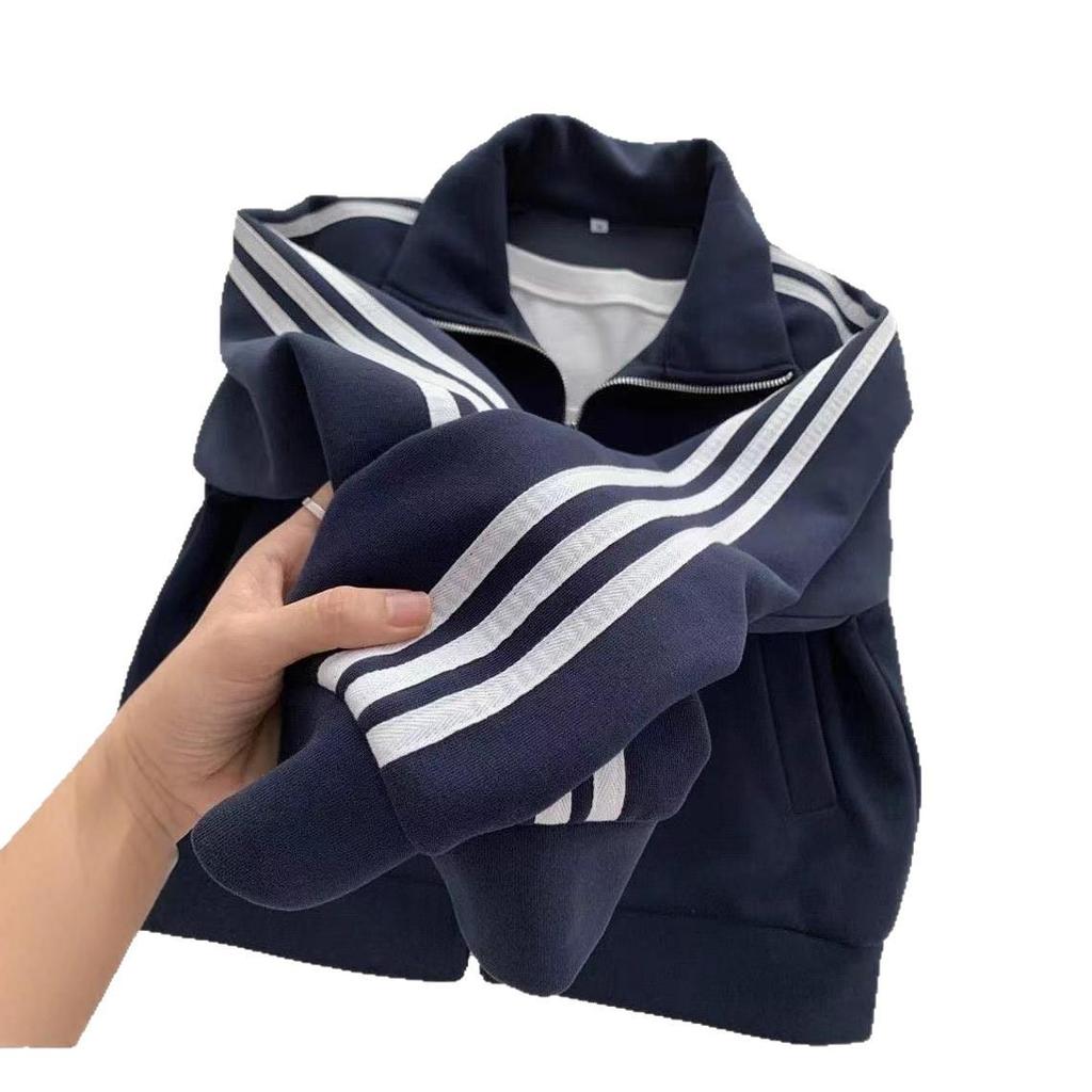 Unisex Dark Blue Three-Stripe Stand Collar Hoodie Jacket for Autumn/Spring