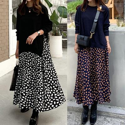 Spring and Autumn Plus Size Long Sleeve T-Shirt Splicing Printed Big Swing Dress Round Neck Long Dress