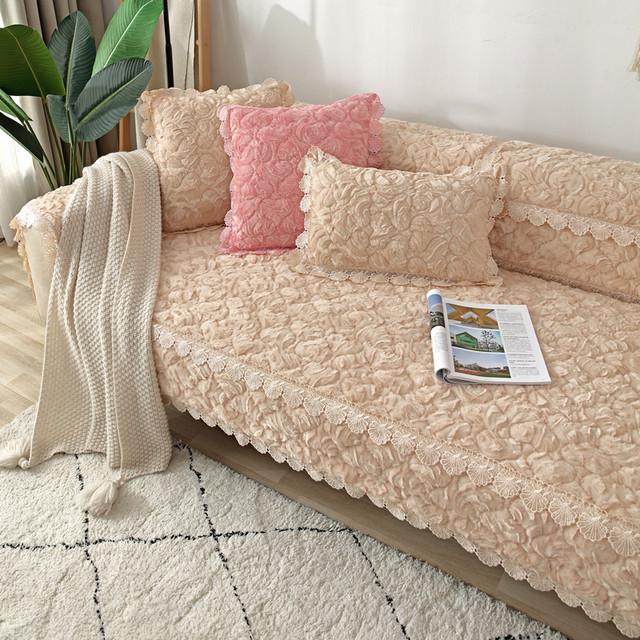 Modern Rose Plush Sofa Cover 5 Seater Solid Thickened Corner L Shape Leather Couch Slipcover Lace Armchair Furniture Protector
